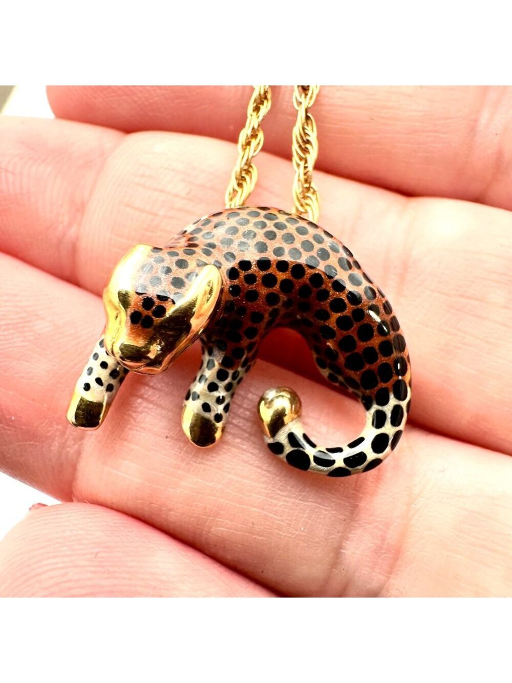 Womens Necklace 14K Gold Enamel Spotted Leopard Cougar Pendant Cheetah Cat